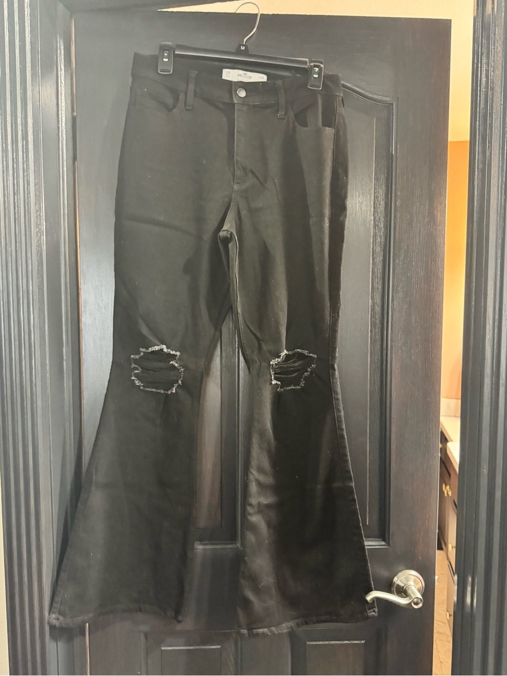 Hollister Black Distressed Flare Jeans with Knee Rips